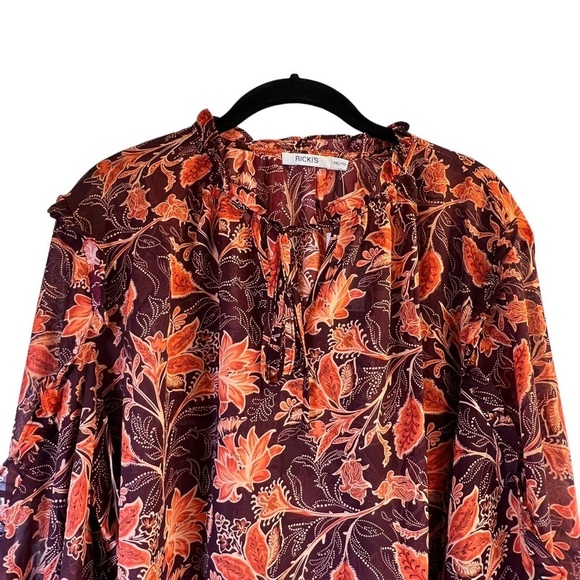Ricki's Women's Blouse XXL Brown Orange Sheer Ruffle Neck Long Sleeve - Picture 5 of 15